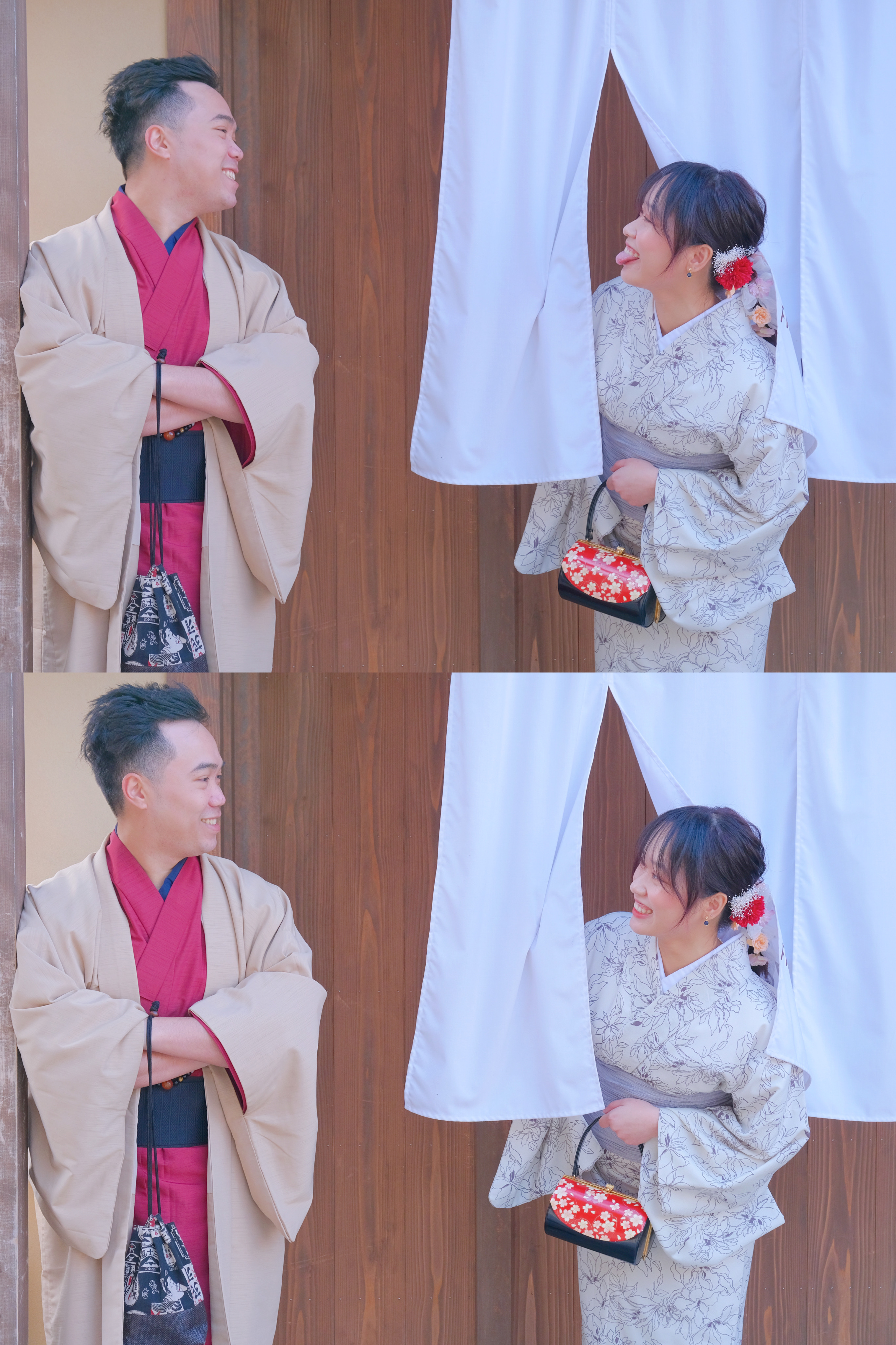Bride and groom smiling through a vintage car window